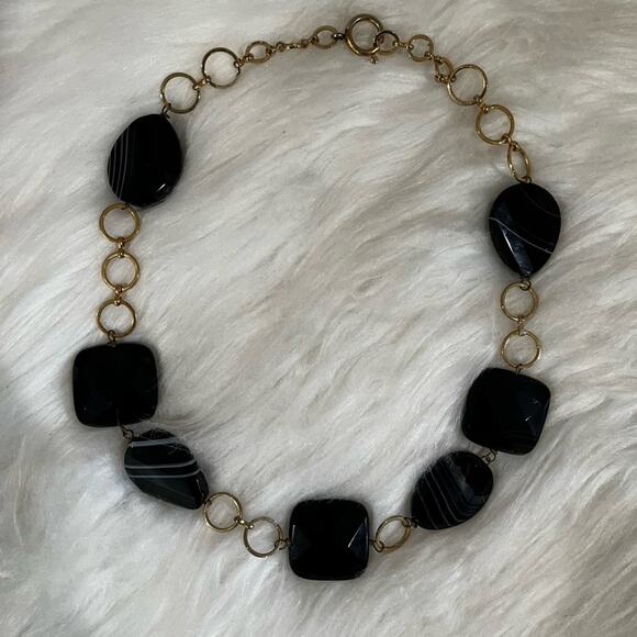 NEW Technibond Onyx Stone Varigated Bead Gold Circular Clasp Statement Necklace - Picture 10 of 15
